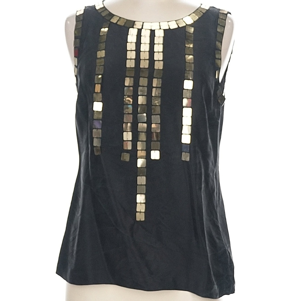 Tory Burch Silk Black Sleeveless Blouse Gold Paillettes 8 Festive Nite Out Party